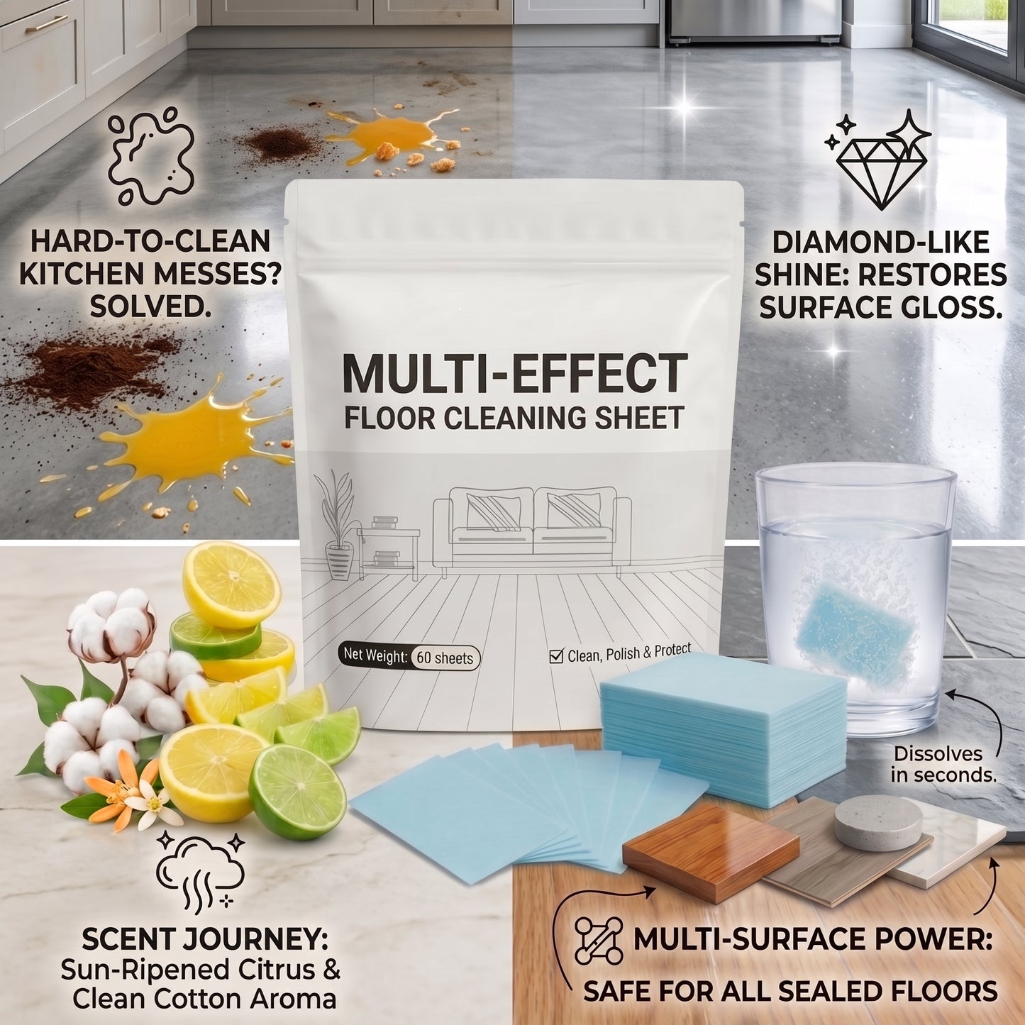 Multi-Effect Dissolvable Floor Cleaning Sheets – Streak-Free Shine for All Floors